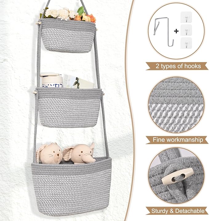 Hanging Storage Baskets, 3-Tier Over the Door Basket, Cotton Wall Baskets Storage, Detachable Hanging Door Basket with 4 Hooks, Over the Door Organizer Nursery for Bedroom, Living Room, Bathroom Wall