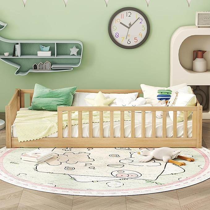 Twin Size Kids Montessori Floor Bed,Twin Floor Bed Frame with Slats,Solid Wood Twin Bed Frame for Girls Boys,Natural