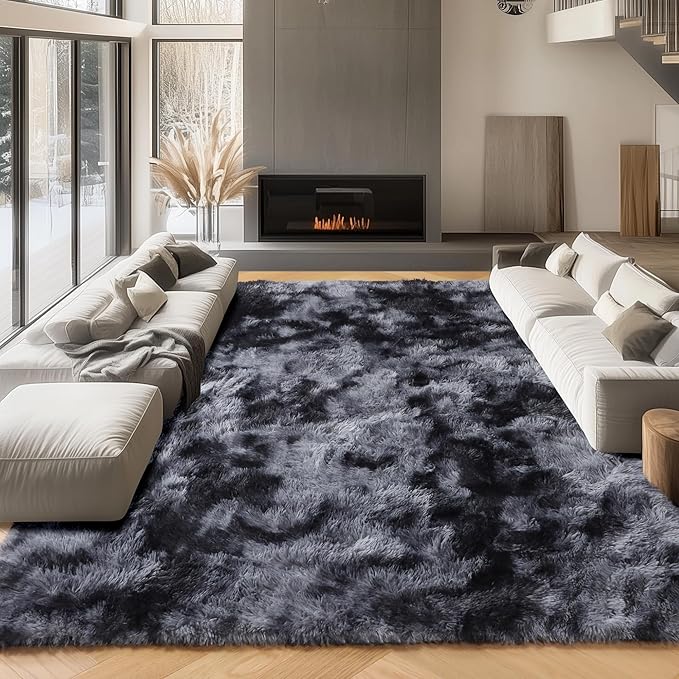 ONASAR Area Rugs 9x12 Living Room, Tie-Dyed Dark Grey Large Fluffy Bedroom Rug, Washable Soft Plush Thick Shaggy Big Floor Carpet for Kids Boy Girls Teen Dorm Nursery Indoor Home Decor Aesthetic