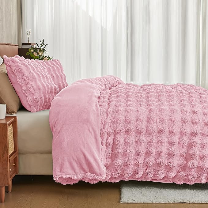 JELLYMONI Plush Duvet Cover Set - King Size Pink Faux Fur Comforter Cover 3pcs Bedding Set Luxury Ultra Soft Striped Fluffy Duvet Cover with Zipper and 2 Pillowcases (NO Comforter)