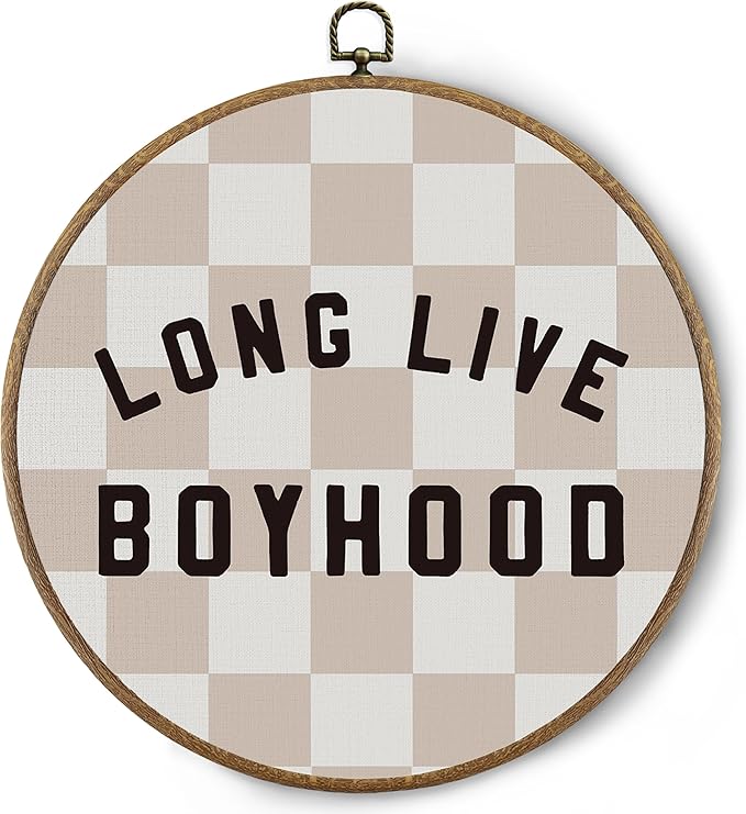 BitKAM Boy Nursery Round Wall Art Decor, Long Live Boyhood Canvas Prints Framed, Retro Beige Checkered Wall Hanging Decorations for Kids Boys Nursery Bedroom Playroom, 10x10 Inch Wall Sculptures