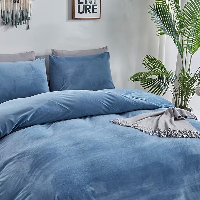 Houseri Blue Duvet Cover Queen Lake Blue Fluffy Bedding Duvet Covers Full Haze Blue Fuzzy Flannel Furry Duvet Cover Micromink Sherpa Light Blue Plush Warm Bedding Set Queen