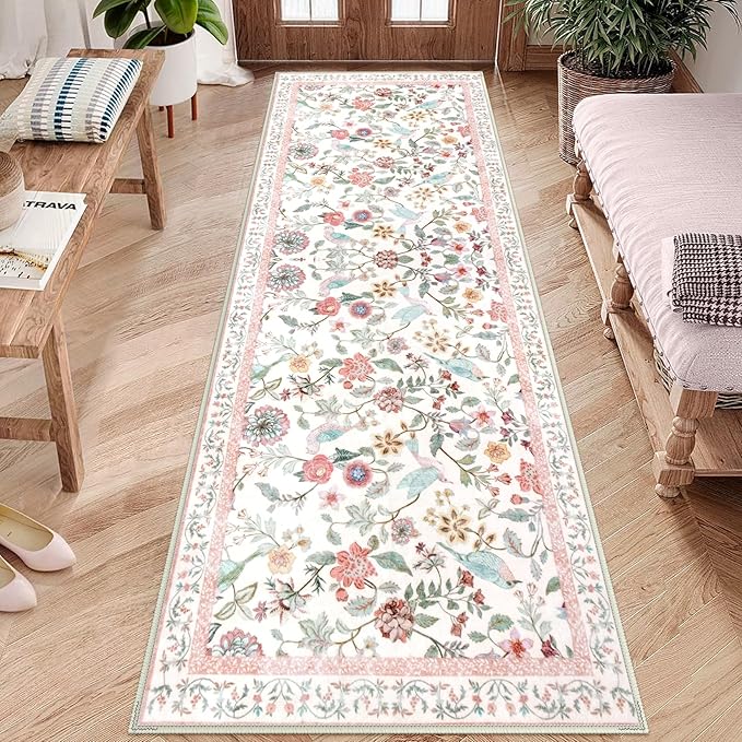 Floral Washable Runner Rug, 2.6x8 Pink Rug Runners for Hallways Non-Slip, Soft Low Pile Flower Birds Long Bathroom Mat Botanical Throw Carpet for Kitchen Laundry Entryway Porch