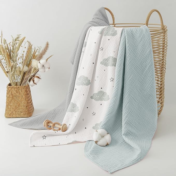 Bearmoss Muslin Swaddle Blankets, 40 x 38 inches Baby Swaddle for Boys and Girls, Soft Baby Blanket, 3 Pack Breathable Nursery Receiving Blankets (Cloud)