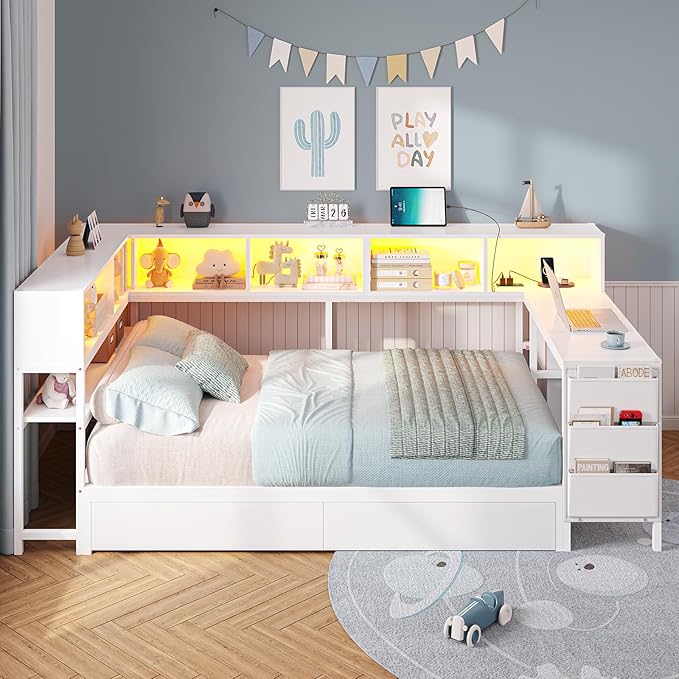 DICTAC Corner Twin Bed Frame with Desk,Charging Station and Bookcase Storage Metal Platform Bed Frame with Storage Drawers and Led Lights Twin Size Daybed with Desk and Shelves for Kids/Teen,White