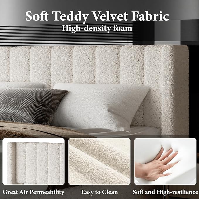 Full Bed Frame with Headboard Upholstered Platform Bed Frame with Teddy Velvet Headboard, Wooden Slats Support/Wing Edge Design/No Box Spring Needed/Easy Assembly, Beige Full