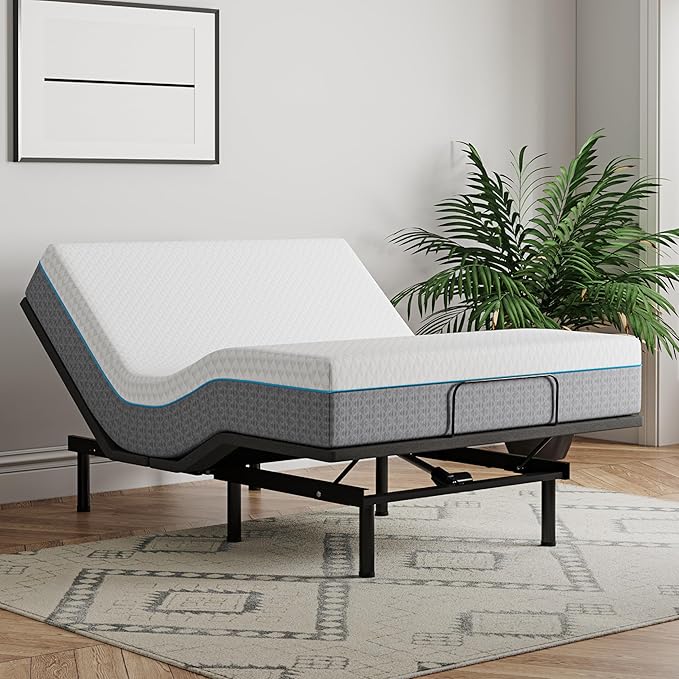 EGOHOME Queen Size Adjustable Bed Base Frame and 14 inch Charcoal Gel Memory Foam Mattress, Electric Foldable Metal Bed Base with Independent Head and Foot Incline, Wireless Remote,Zero Gravity