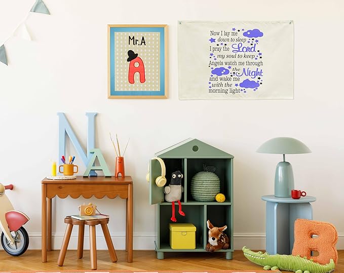 Rectangular Banner Flag Wall Decor for Baby Kids Boy-Nursery Baby Above Crib Bedroom Door Decorations-Baby,Shower Birthday Christmas Gift-Now I Lay Me Down to Sleep,I Pray the Lord My Soul to Keep