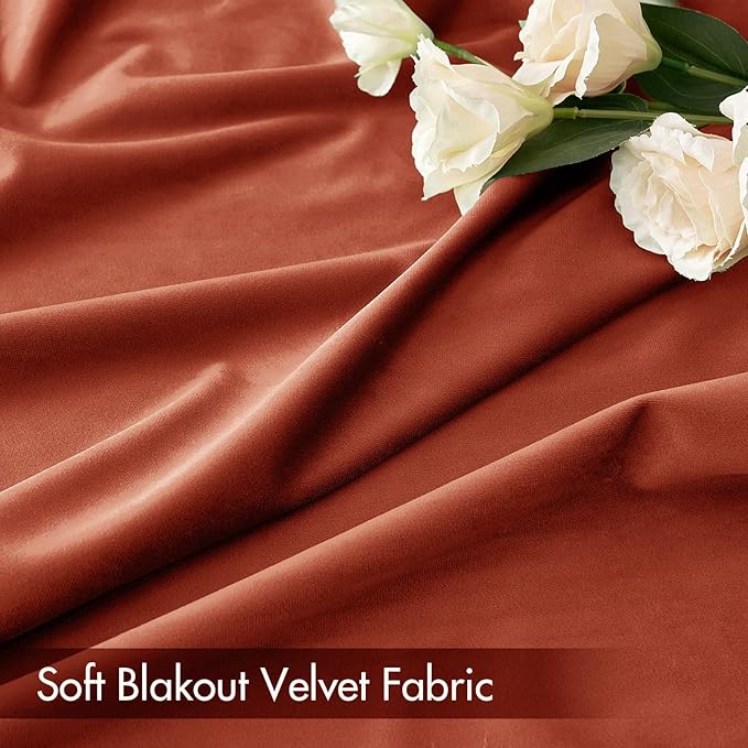 MIULEE Burnt Orange Velvet Curtains Thermal Insulated Blackout Curtain Fall Drapes for Bedroom Living Room Darkening 90 Inches Long Rust Terracotta Panels Rod Pocket Set of 2