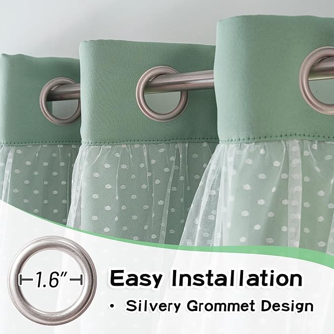 MYSKY HOME Curtains for Girls Bedroom & Nursery Kids Green Cute Curtains Double Layer with Polka Dots Sheer, Grommet Tops, 52x95 Inch Each Panel, 2 Panels