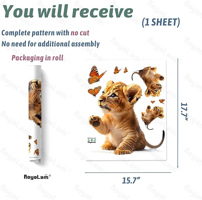 Baby Lion and Butterflies Wall Decals Removable African Animal Vinyl Stickers for Nursery Kids Bedroom and Playroom Realistic Decor Peel and Stick Wall Art