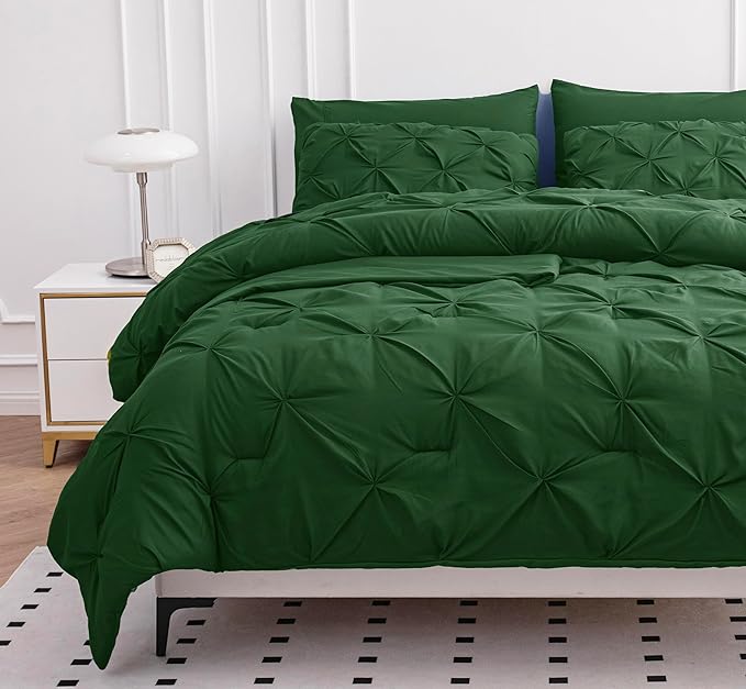 LANE LINEN Queen Comforter Set - 7 Pieces Pintuck Bed in A Bag, Queen Bed Set with Comforters, Sheets, Pillowcases & Shams, Bedding Set - Olive Green