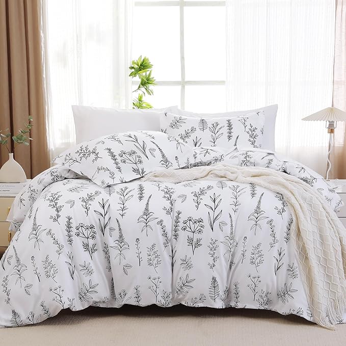 MUXHOMO Duvet Cover Queen Size, Reversible Floral White Duvet Cover Set with Zipper Closure, 3 Pieces Botanical Patterns Soft Microfiber Bedding Set with 4 Ties (90"x90", 2 Pillow Cases)