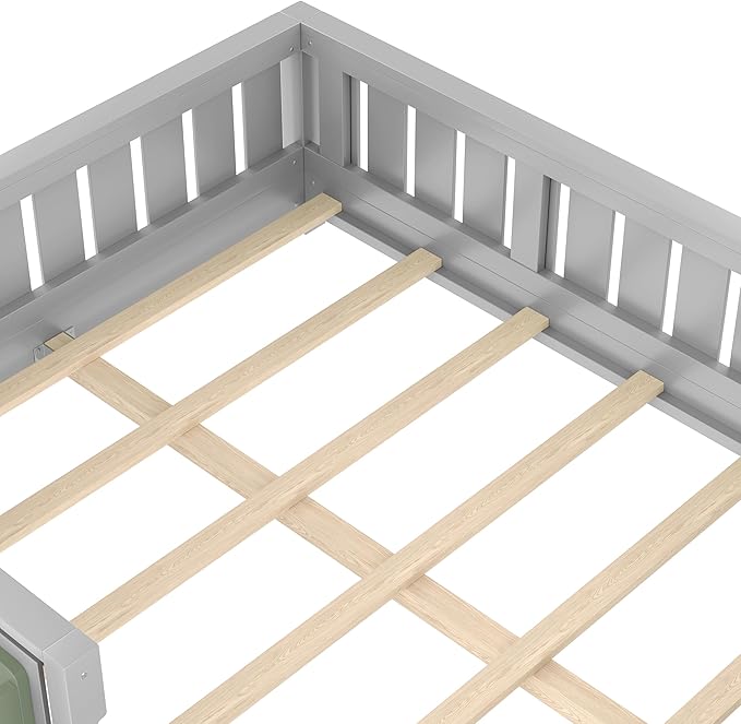 Bellemave Full Size Floor Bed with high Rails and with Built-in Bookshelf for Kids, Girls, Boys, Wood Montessori Floor Bed Without Door, Gray