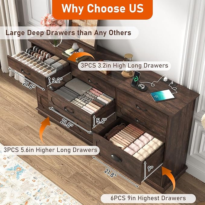 70inch Large Long Dresser w/Charging Station,12 Drawer Dresser w/Deep Big Drawers,Wooden Chest of Drawers w/Power Outlet,White Dressers for Bedroom,Living Room,Entryway,Rustic Brown