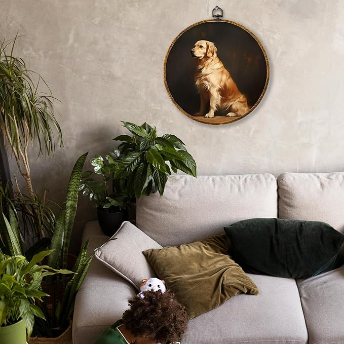 Hiuwevt Vintage Golden Retriever Round Wall Art Decor, Golden Retriever Gifts Framed Canvas Prints, Moody Farmhouse Dog Round Wall Hanging Decor for Bedroom Living Room Decorations, 10x10 Inches