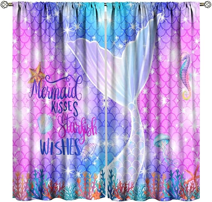 Kids Fantasy Mermaid Curtains Dream Colorful Mermaid Fish Tail Scale Fantasy Ocean Theme Window Treatment for Girls Bedroom Nursery Room Decor Window Drapes 42" W X 54" L