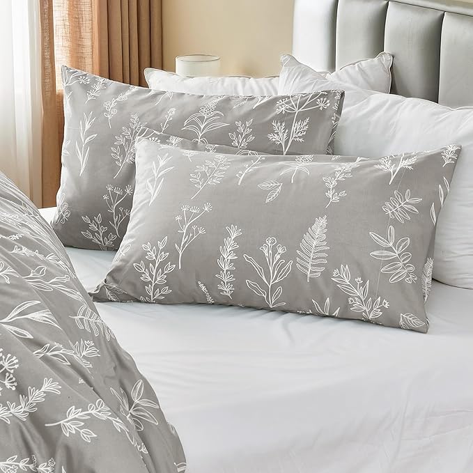 MUXHOMO Duvet Cover King Size, Reversible Floral Silver Gray Duvet Cover Set with Zipper Closure, 3 Pieces Botanical Patterns Soft Microfiber Bedding Set with 4 Ties (90"x104", 2 Pillow Cases)