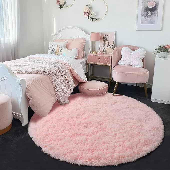 Amdrebio Pink Round Area Rugs 7Ft for Girls Bedroom Decor, Fluffy Large Circle Rug for Living Room, Kids Room, Teen, Fuzzy Plush Carpets for Baby Nursery, Dorm, Classroom, Big Indoor Kawaii Play Rug