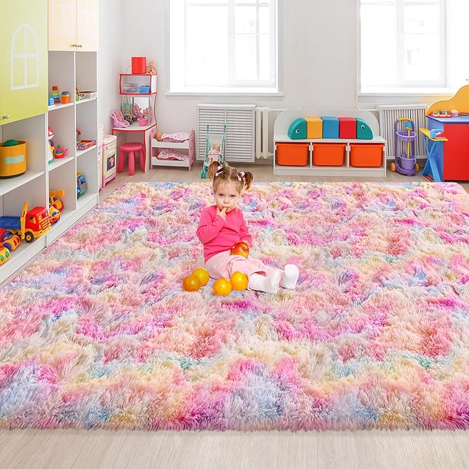 Soft Fluffy Area Rug 8x10 Plush Rainbow Rugs for Girls Bedroom Shaggy Carpet Kawaii Unicorn Rug for Living Room Fuzzy Nursery Rug for Baby's Toddler's Room Cute Colorful Room Decor for Kids