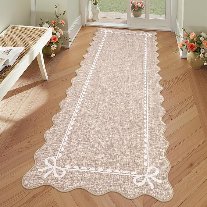 GarveeHome Scalloped Bow Rug for Living Room, Solid Camel Rug for Dorm, Washable Runner Rug 2.5x10 Soft Low Pile Non Slip Scalloped Rugs for Nursery Bedroom Decor Hallway Entryway Playroom