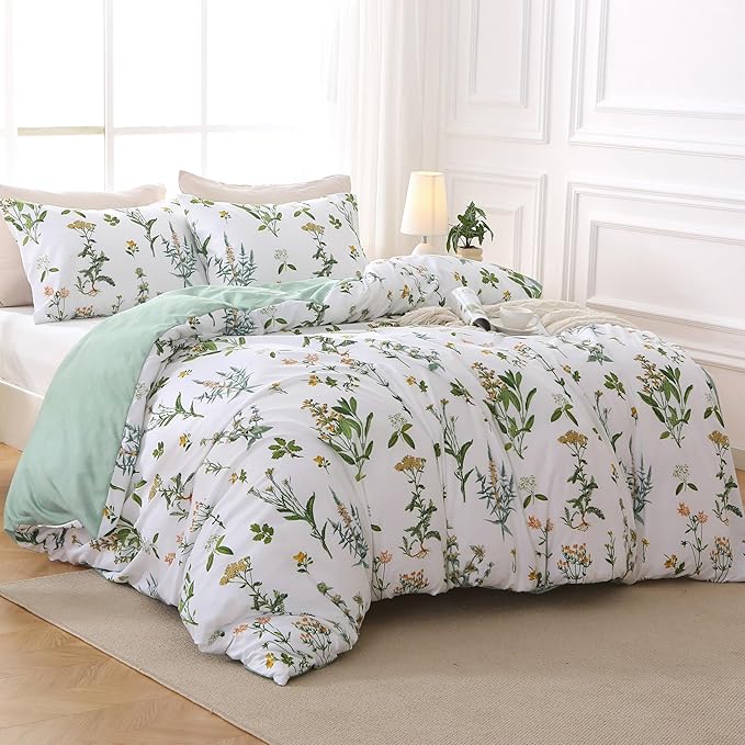 MUXHOMO Duvet Cover King Size, Reversible Floral Green Duvet Cover Set with Zipper Closure, 3 Pieces Botanical Patterns Soft Microfiber Bedding Set with 4 Ties (90"x104", 2 Pillow Cases)