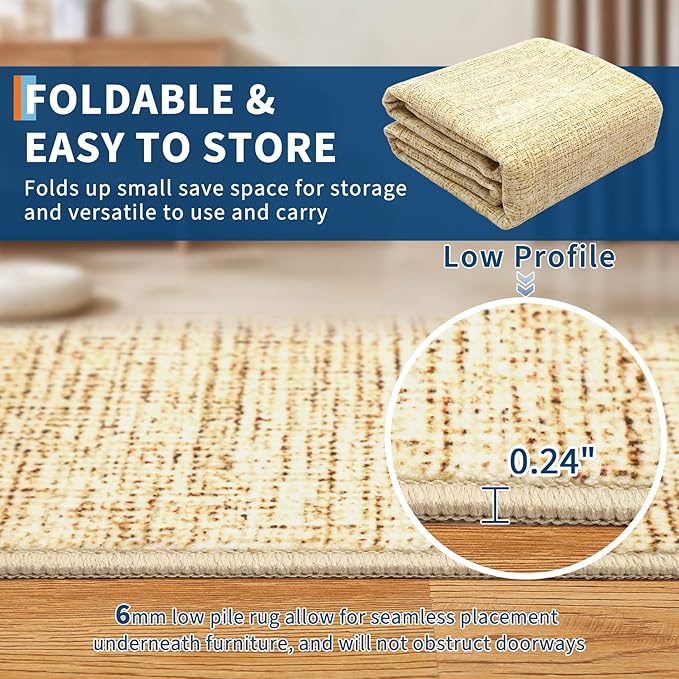 Area Rug 4x6 Washable Bedroom Rugs Non Slip Modern Solid Color Large Living Room Throw Carpet Low Pile Minimalist Kitchen Rug Plain Accent Rug Mat Classic Boho Area Rugs for Nursery Entryway, Tan