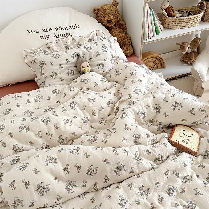 AOJIM Muslin Cotton Duvet Cover with Floral Patterns, 1pc Super Soft Kids Adults Bedding Comforter Cover 2-layer Gauze, Ruffled Edges Floral Print Duvet Protector Twin Size 68X86'', No Quilt or Pillow