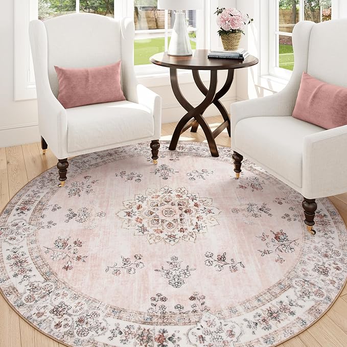 Lahome Washable Pink Round Rug 6ft, Soft Europe Vintage 6x6 Circle Rug for Nursery Girls Bedroom,Non-Slip Floral Pastel Circular Carpet for Living Room Corner Floor Home Office Decor