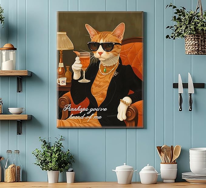 3Pcs Funny Cat Canvas Wall Art Elegant White Black Orange Cat Drinking Cocktail Painting Picture Wall Decor Luxury Feline Poster Print Bar Cart Artwork Decor for Bar Dining Room Bedroom Home Decortion