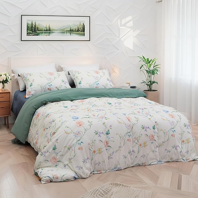 MAGRACE Muslin Duvet Cover Queen Size, Reversible Floral Rose Comforter Cover Set with Zipper Closure, Farmhouse Style 3 Pieces Botanical Patterns Soft Bedding Set with 8 Ties
