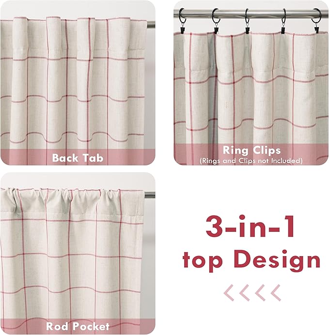 DriftAway 2 Panels 100% Blackout Windowpane Plaid Linen Curtains Double Layer Drapes for Bedroom 96 Inches Long Farmhouse Thermal Insulated 3.25 Inch Rod Pocket Back Tab for Living Room Red