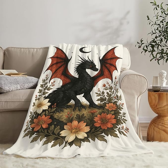 Black Dragon Blanket Floral Dragon Throw Blanket Soft Cozy Fleece Fuzzy Stuffed Plush Flannel Gifts for Girls Women Boys Kids Adults 50"X60"