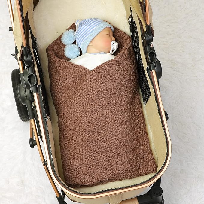 LAWKUL Baby Blankets Knit Cable Babe Blanket Soft Airy Newborn Infant Receiving Swaddling Brown Neutral Crib Stroller 40"x30"