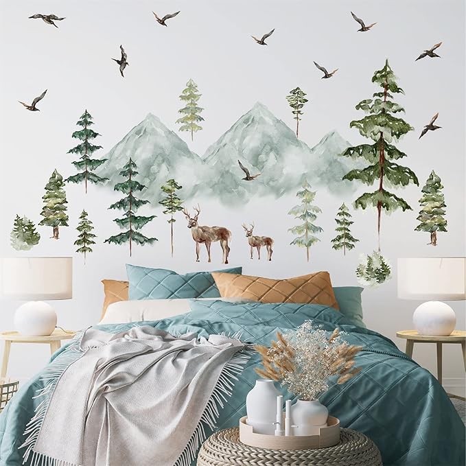 Mountain Wall Decals Large Pine Tree Wall Decals Peel and Stick Forest Tree Deer Birds Woodland Animal Decal Mountain Trees Stickers for Kids Room Nursery Decor