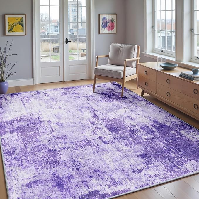 Washable Area Rugs 4'x6' Non-Slip Modern Abstract Soft for Living Room Entryway Bedroom Nursery, Print Pattern, Purple Gray Pink White