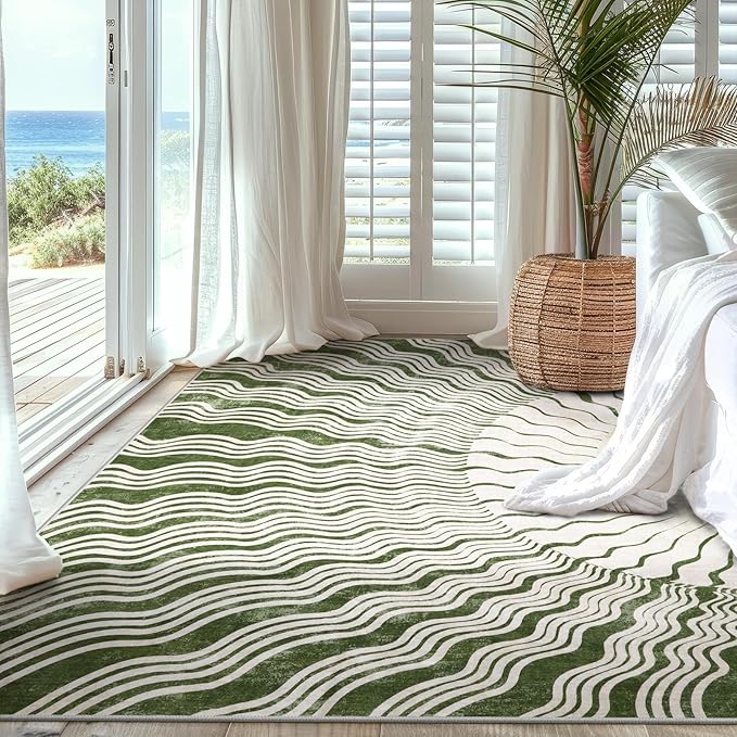 Boho Washable Rugs 5x7, Sun Print Soft Green Rug for Bedroom Ultra-Thin Nursery Rug Non Slip, Stain Resistant Living Room Carpet for Dining Room Classroom(5'x 7',Green/Multi)