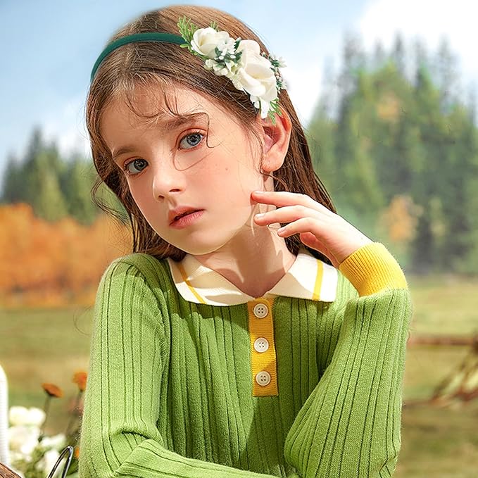 Flower Headbands for Girls Kids Toddlers Rose Floral Headpiece Non Slip Elegant Wedding Flower Crown Hairband Spring Summer Fashion Cloth Headdress Accessories for Birthday Party (Green)