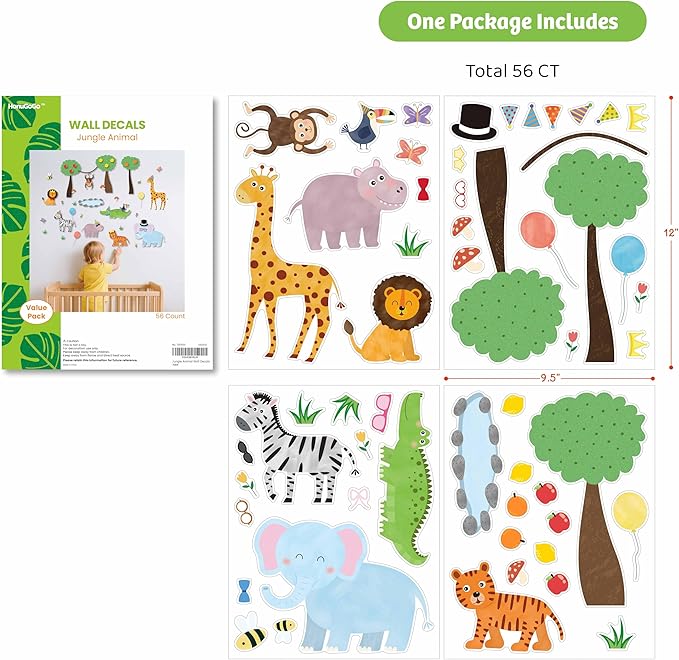 Safari Jungle Animal Wall Decals, 56-Piece Vinyl Stickers with Giraffe, Lion, Elephant, Tiger, Monkey, Trees & Accessories – Waterproof, Removable, Reusable for Living Room, Bathroom, Party Decor