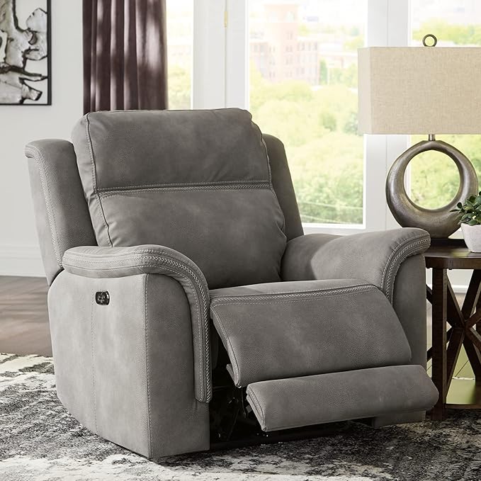 Signature Design by Ashley Contemporary Next-Gen DuraPella Power Recliner with Adjustable Headrest, One-Touch Control, Water Repellent Faux Leather, Gray