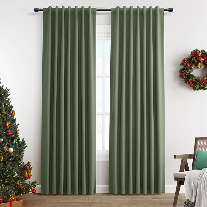 100% Blackout Linen Textured Curtains 92 Inches Long 2 Panels Set Room Darkening Curtains for Bedroom Living Room Olive Green Back Tab Hook Belt Insulated Thermal Noise Reduction Window Drapes 52x92