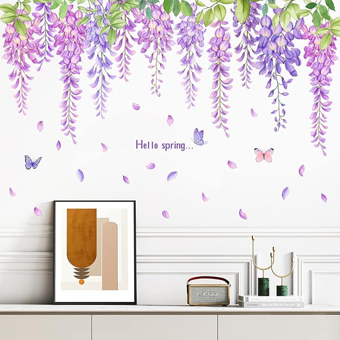 3D Removable Hanging Purple Blue Flowers with Green Leaves Wall Stickers Murals DIY Peel and Stick Flower Vines Floral Wall Decal for Home Wall Corner Kids Bedroom Living Room Nursery Decoration