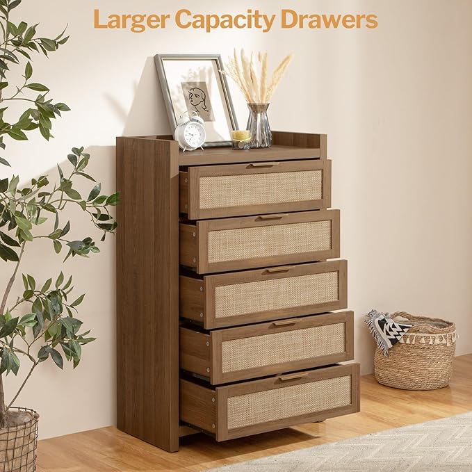 SICOTAS Dresser for Bedroom Chest of Drawers 46" Tall Dresser for Closet with 5 Rattan Drawers Boho Night Stand Large Clothes Storage Cabinet for Living Room Hallway Nursery Entryway