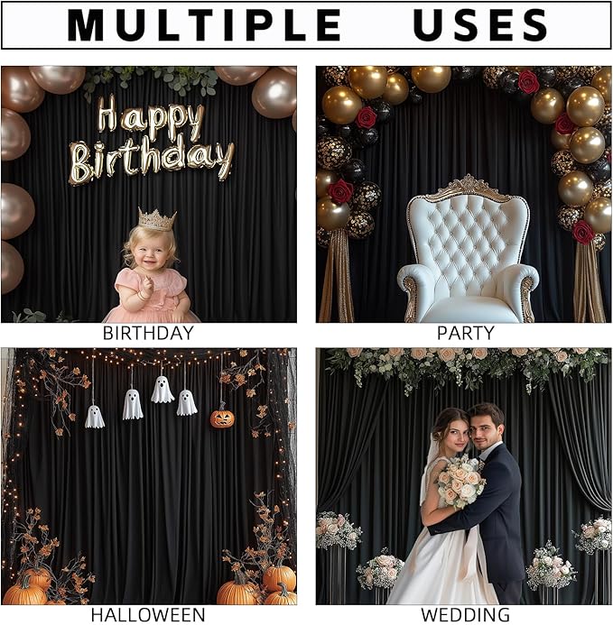Black Backdrop Curtains for Wedding Parties, 10x10FT Wrinkle Free Photo Backdrop Curtains for Wedding Birthday Party Baby Shower, Fabric Drape with Rod Pockets 5ft x10ft, 2 Panels