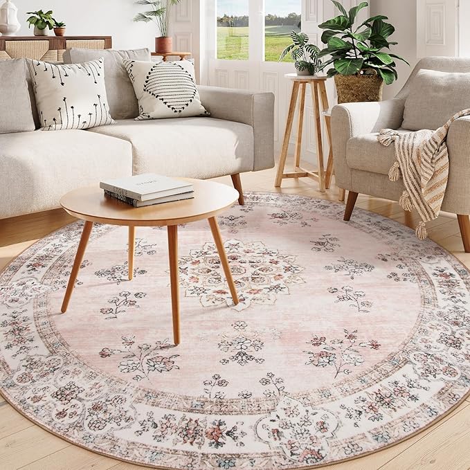 Lahome Washable Pink Round Rug 8ft, Soft Europe Vintage 8x8 Circle Rug for Nursery Girls Bedroom,Non-Slip Floral Pastel Circular Carpet for Dining Room Floor Home Office Decor