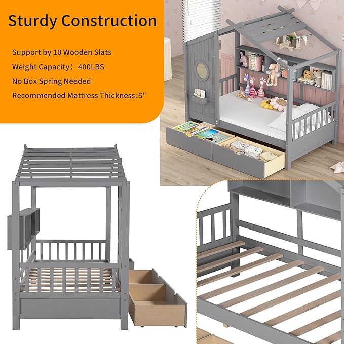 Linique Wooden Full Size House Bed with 2 Drawers and Storage Shelf,Full Platform Bed Frame with Pitched Roof,Gray