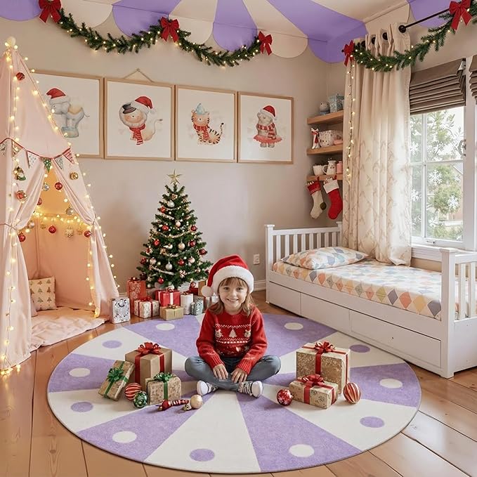 jinchan 5ft Round Rug Lilac Purple Washable Fun Cute Playroom Mat Non Slip Cheerful Circle Cool Rug Soft Cozy Low-Profile Playful Carousel Throw Carpet for Kids Gift Teens Dorm Entryway Bedroom