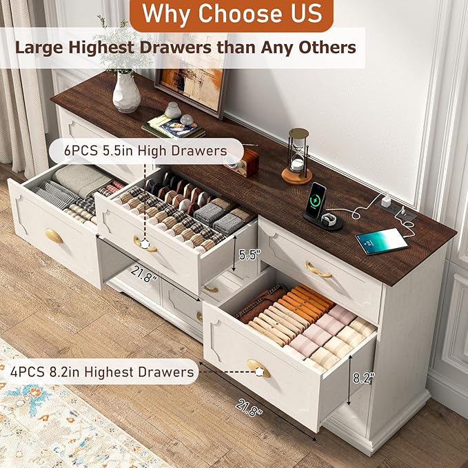 70inch Large Long Dresser w/Charging Station,10 Drawer Dresser w/Deep Big Drawers,Wooden Chest of Drawers w/Power Outlet,White Dressers for Bedroom,Living Room,Entryway