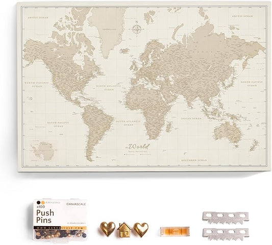 Canvas World Map with Cork Pin Board - English Lettering - Decorative Wall Decoration for All Rooms - Canvas Pictures with World Map Motif (120x80 cm, Pattern 9)