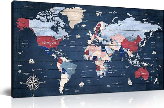 ZHAOSHOP Blue World Map Wall-Art For Office - Large World Maps For Wall - Canvas Wall Art Stretched and Framed Ready to Hang Size 40" x 20"